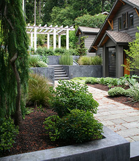 Long view to the cottage & pergola.